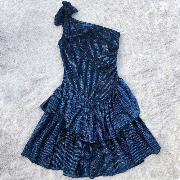 Vintage Dresses & Skirts - Stash‎ Vintage 1980s Metallic Blue One Shoulder Ruffle Prom Dress